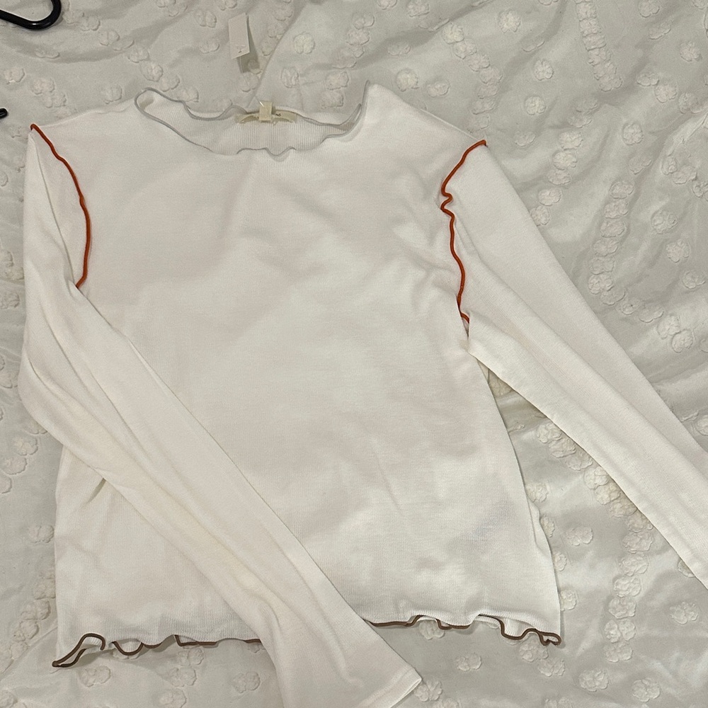 Madewell White Long Sleeve Lettuce-Edge Top with Rust Trim